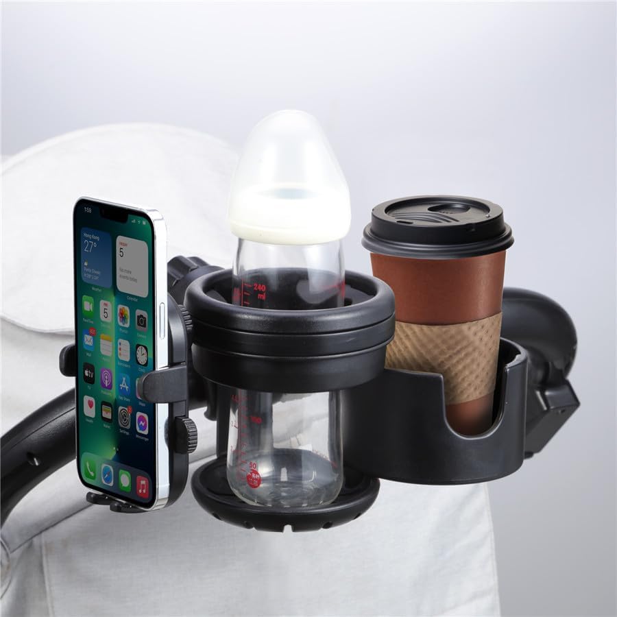 Portavasos para cochecito con soporte para teléfono, abrazadera giratoria de 360 grados para botella de agua, soporte universal 3 en 1 para