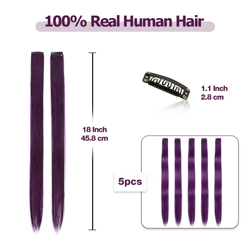 Winsky Extensiones de cabello morado con clip  100% cabello humano real de color para niñas, piezas de cabello de Halloween, 5 piezasjuego (18