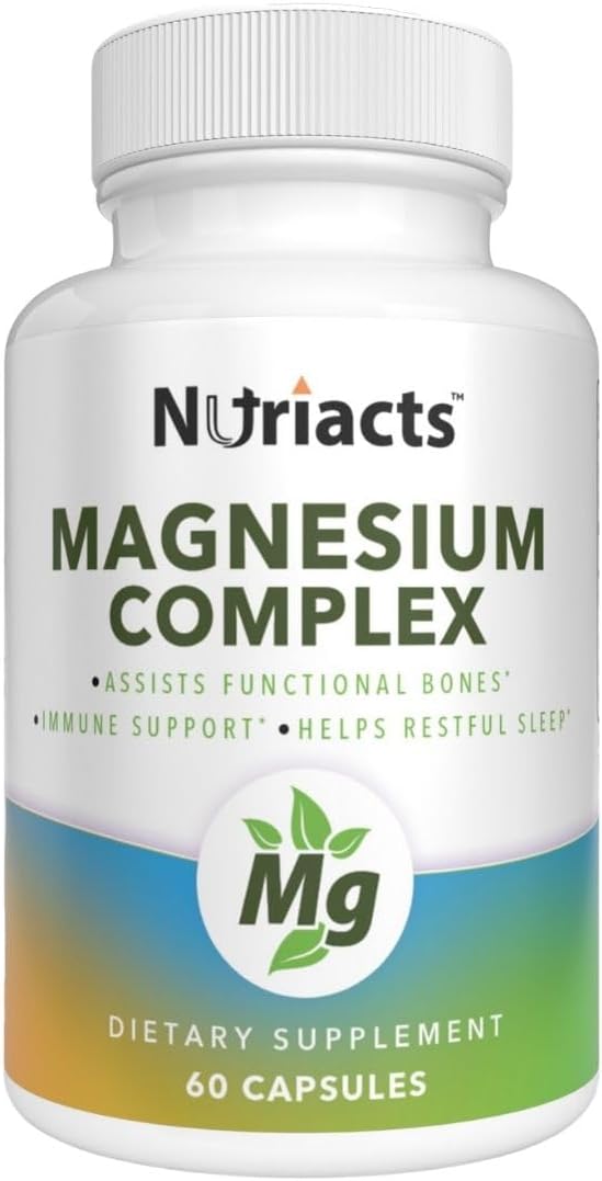 Complejo de magnesio 60 cápsulas energía 4 en 1, estado de ánimo, sueño, apoyo digestivo con aquamina, suave al estómago, fórmula de alta absorción
