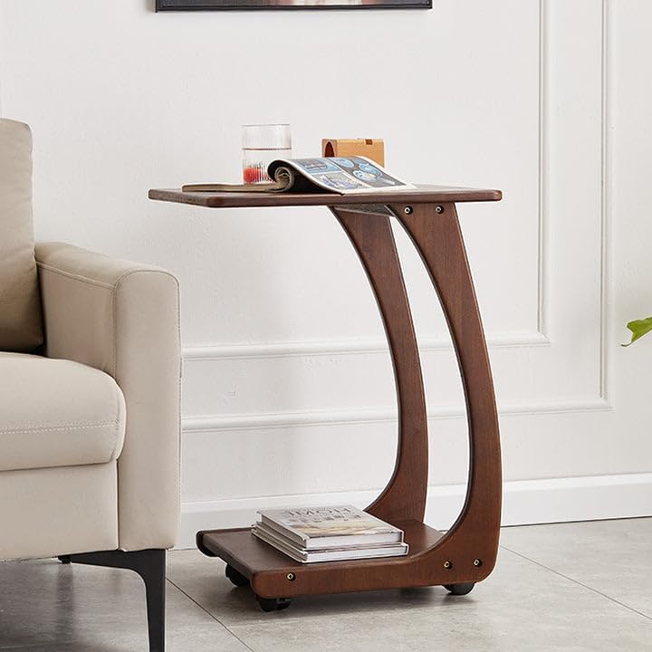 COZYMATIC Emerson – Mesa auxiliar de madera maciza con ruedas giratorias, mesa auxiliar en forma de C, mesa de bandeja de TV, mesa de sofá que se