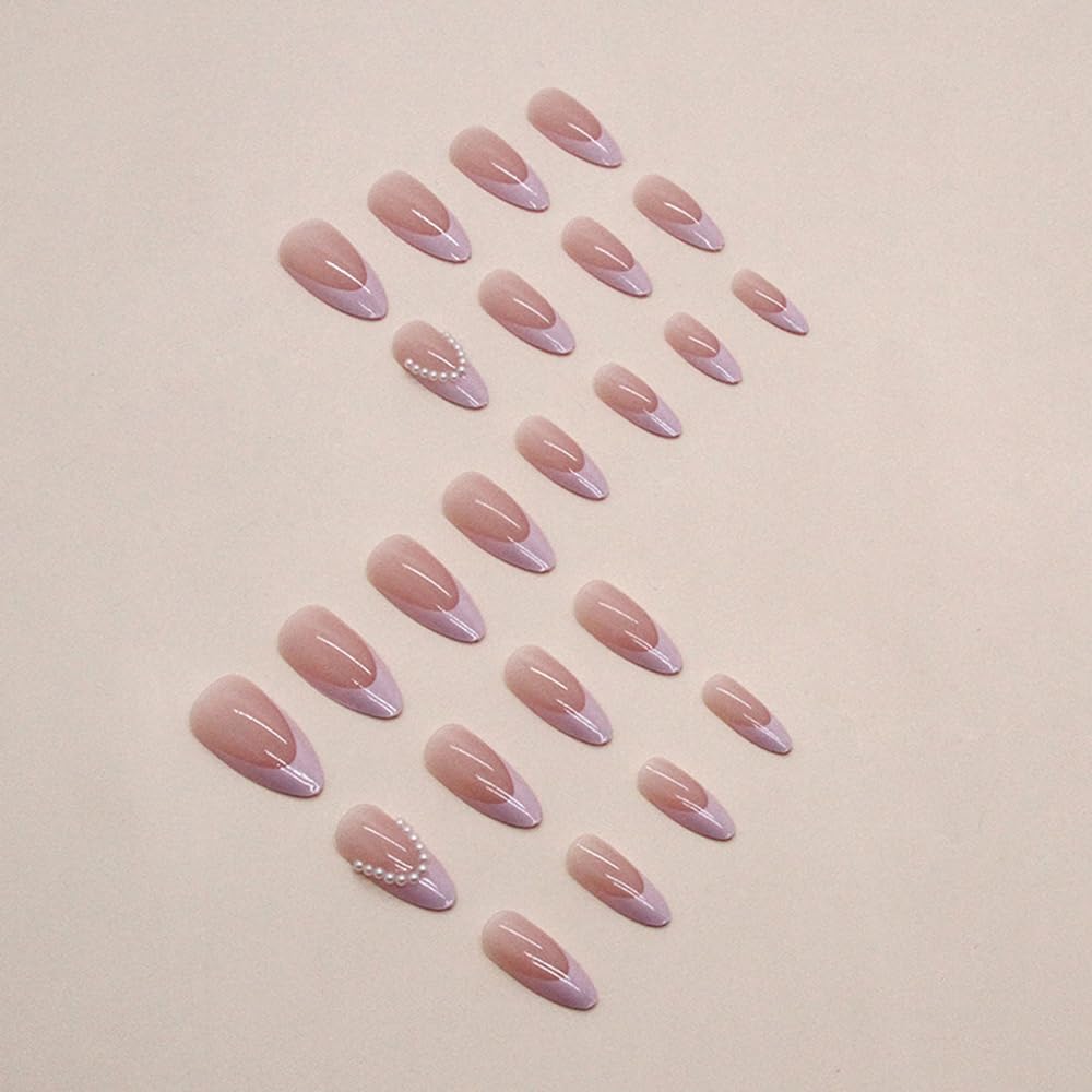 Juego de 24 uñas postizas a presión color nude de almendra, tamaño mediano, kawaii, lindas uñas postizas a presión, color rosa, francesas, cobertura