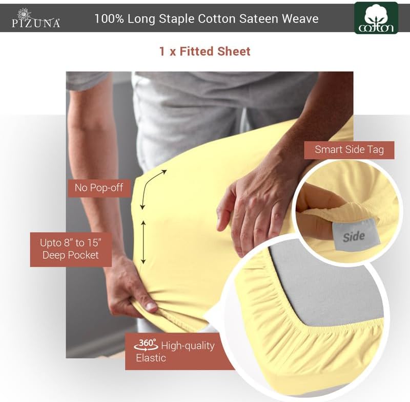 Pizuna Sábana bajera ajustable 100% algodón puro tamaño individual, color amarillo suave, lujosa de 400 hilos de algodón de fibra larga, satén de 15
