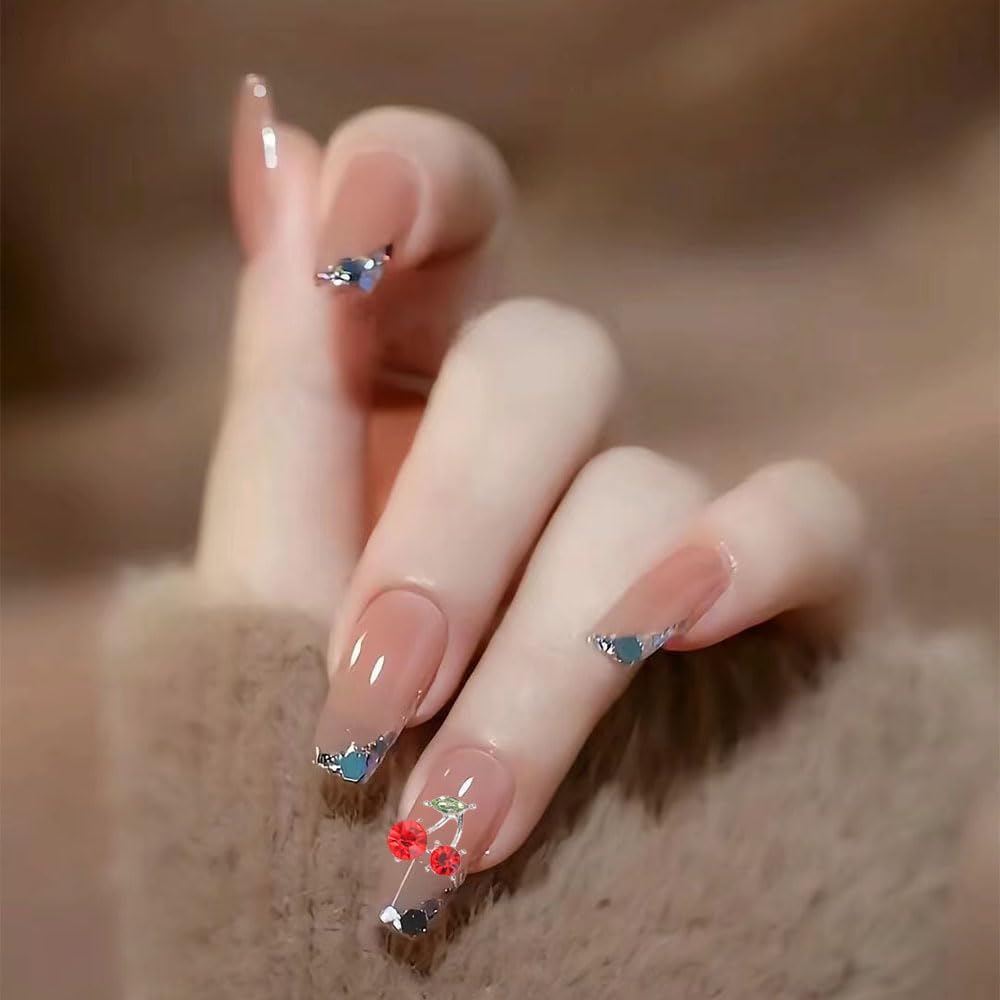 36 piezas de diamantes de imitación de uñas brillantes de cerezo, 3D dorado y plateado, dijes de uñas de cereza, bonitos dijes de uñas para mujeres
