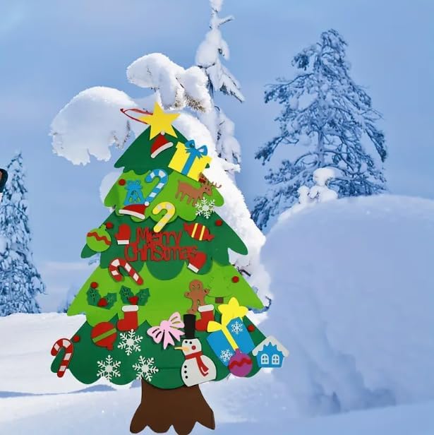 YIKSORE Árbol de Navidad de fieltro, árbol de Navidad Montessori para niños pequeños, juegos de árbol de Navidad artesanales para niños, calcomanías