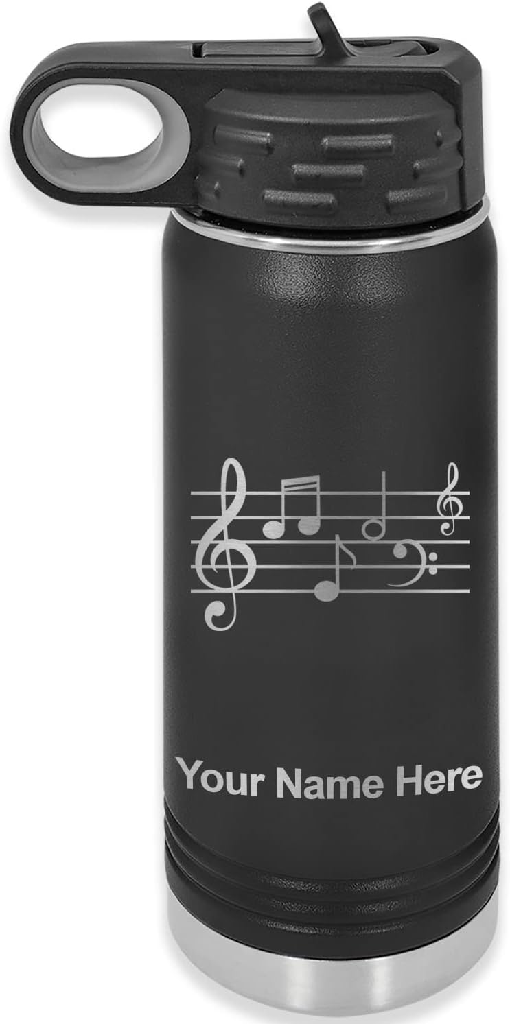LaserGram Botella de agua con tapa abatible de doble pared de 20 onzas con pajilla, personal de música, grabado personalizado incluido (negro)