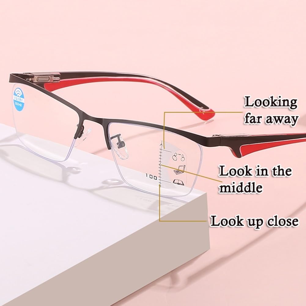 Gafas de lectura multifocales progresivas para hombres y mujeres, lector de medio marco de metal con luz azul con bisagra de resorte