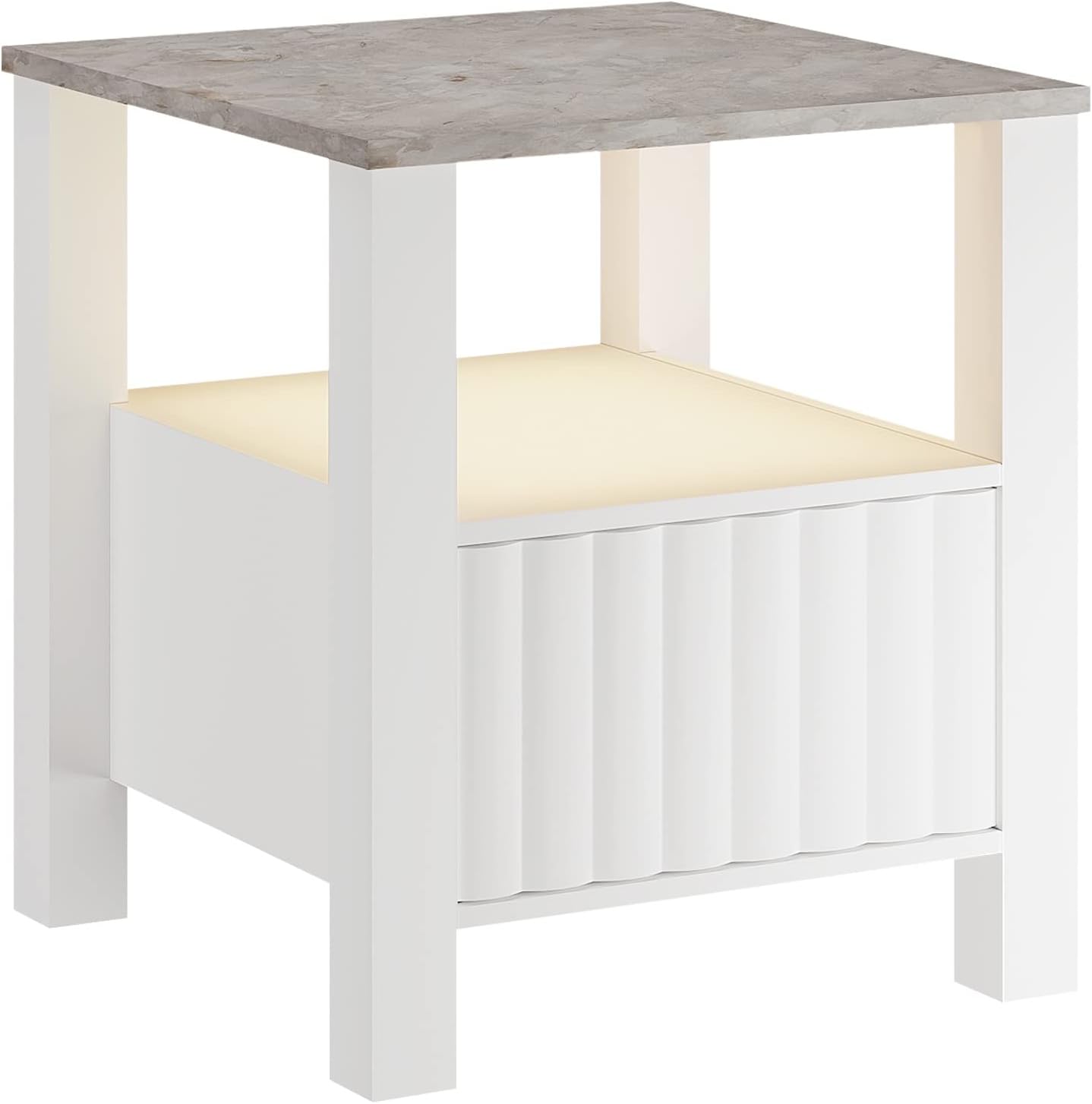 Juego de 2 mesas auxiliares con luz LED, mesas auxiliares pequeñas con mesa de mármol sintético y armario de almacenamiento, mesita de noche moderna