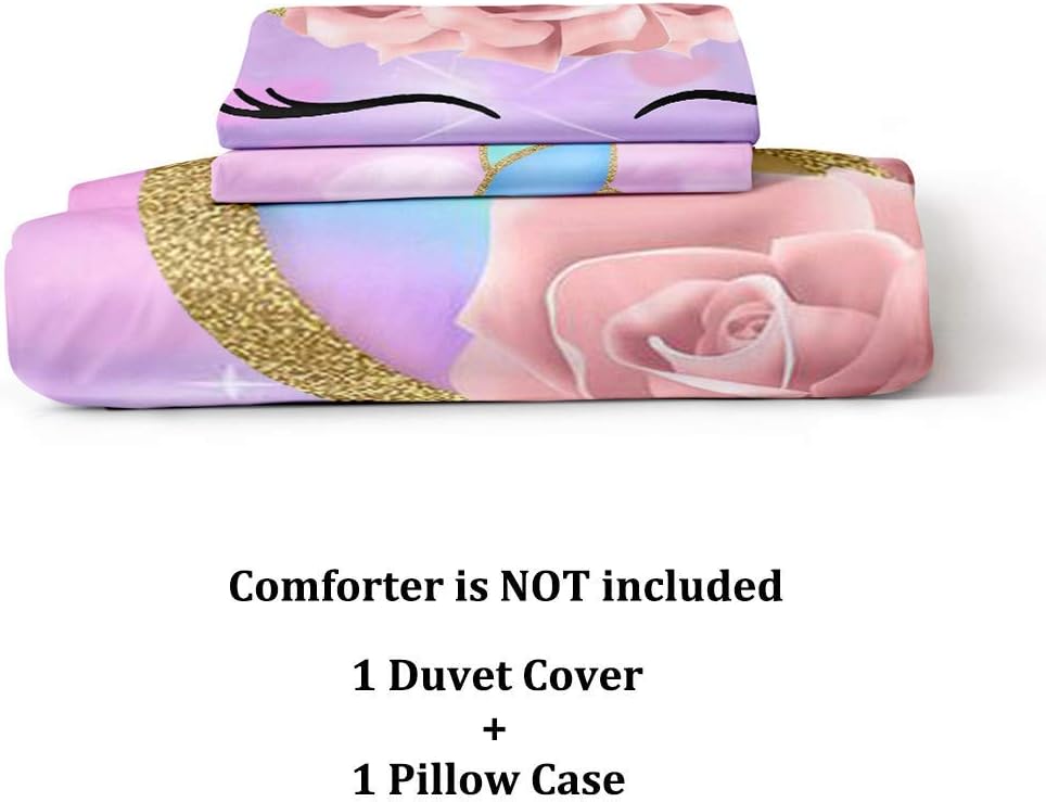 ADASMILE A & S Juego de ropa de cama de unicornio tamaño individual para niñas, juego de ropa de cama para niñas con estampado floral de corazón