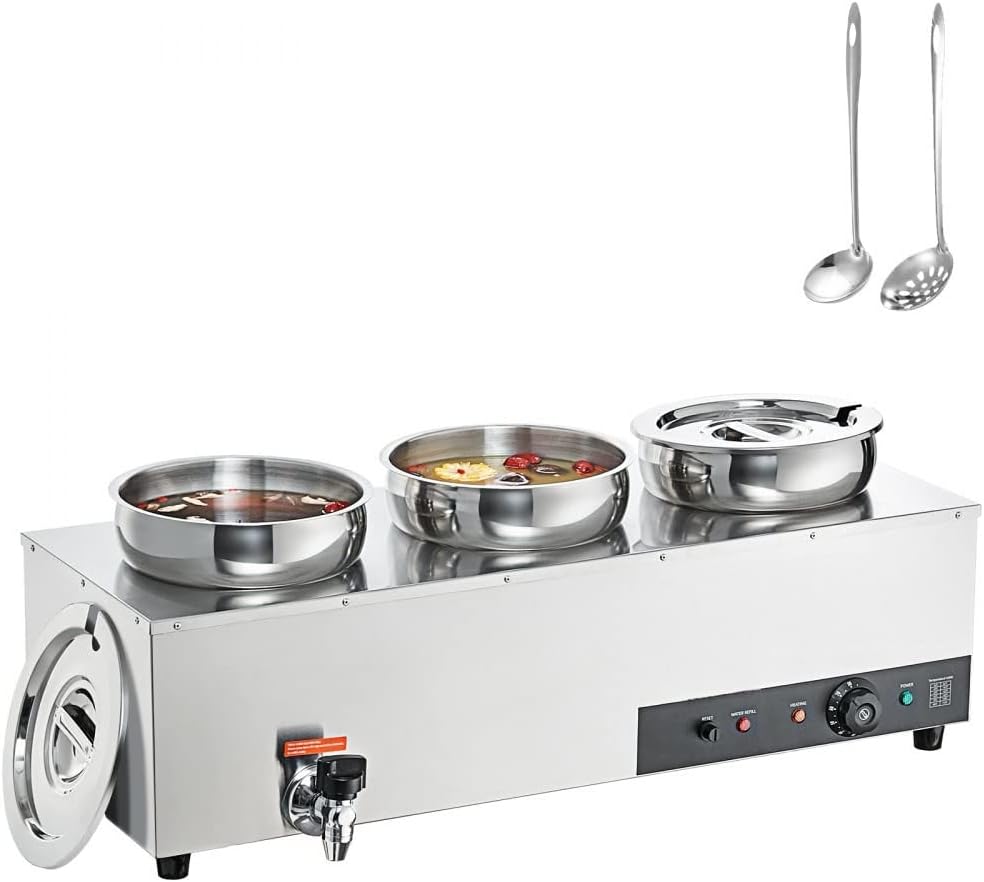 Calentador de sopa Bain Marie – Estación eléctrica comercial de 1200 W con tres ollas de acero inoxidable de 7.4 cuartos de galón y botón de