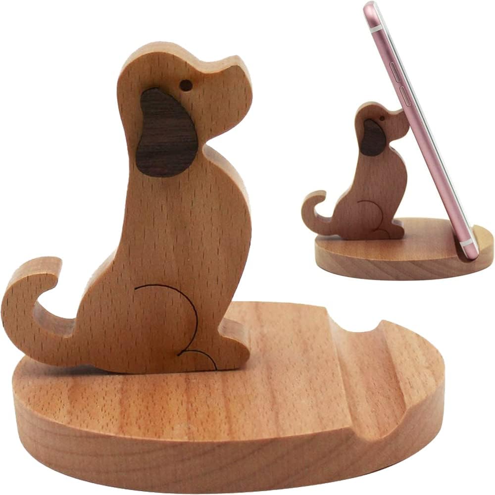 PBQOA Soporte para teléfono celular de 4 pulgadas, soporte de escritorio de madera para todos los teléfonos móviles, lindos animales, perros,