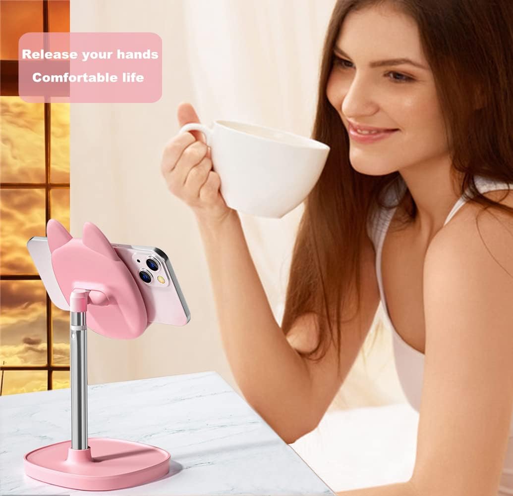 Lindo soporte de teléfono para gato, soporte para teléfono celular con cabeza de gato para escritorio, ángulo y altura ajustable, compatible con