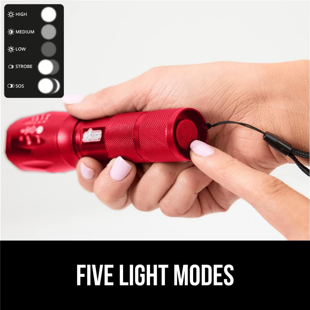 Gorilla Grip Linterna táctica LED pequeña y potente, ultrabrillante, 5 modos ajustables, alcance hasta 750 pies, impermeable, batería de larga