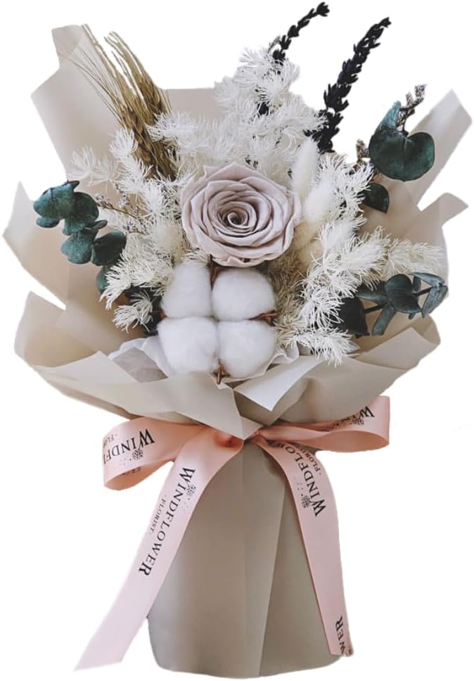 WINDFLOWER FLORIST Forever Love – Ramo de flores preservadas de color caqui, rosas y flores naturales de larga duración, caja de regalo para el día