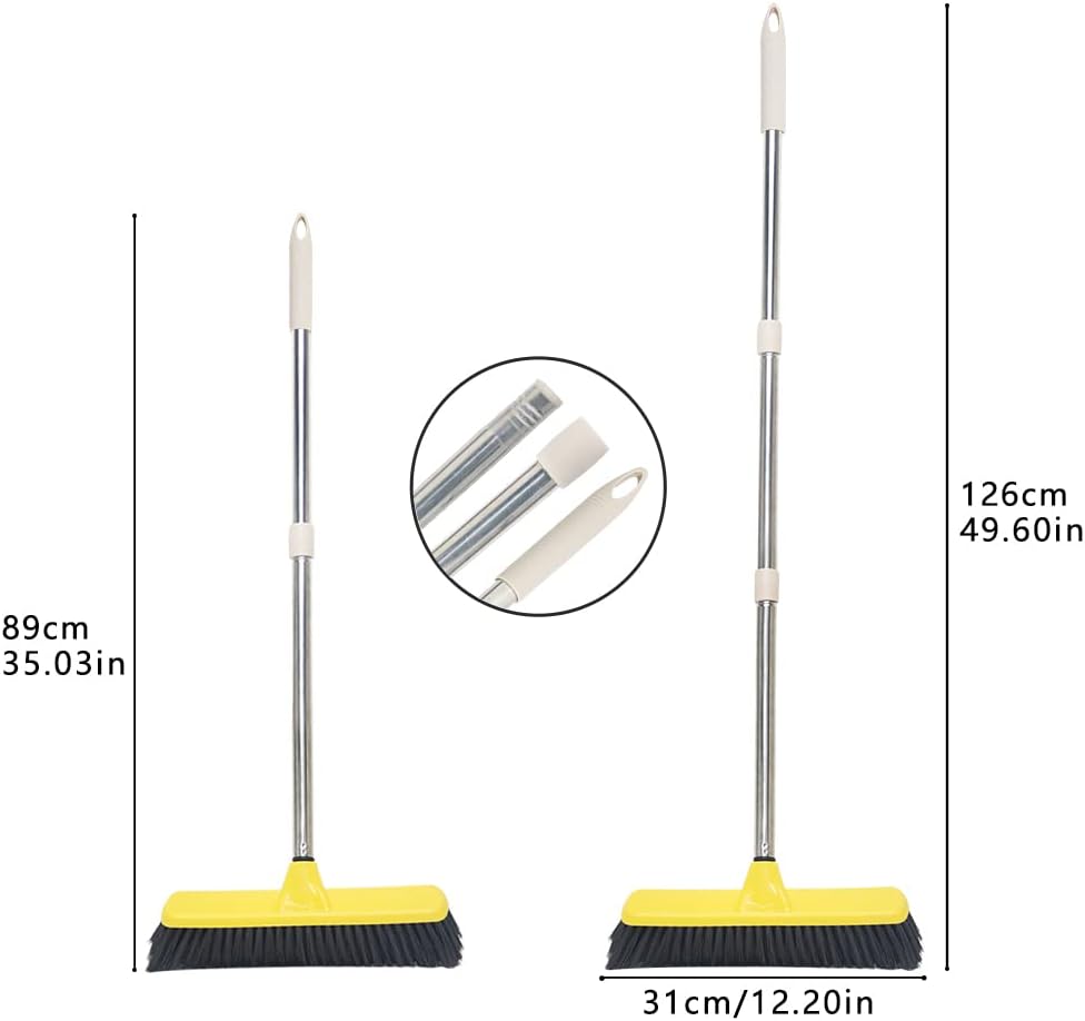 Escoba de empuje con mango largo, cepillo de piso de cerdas suaves de 47.6 pulgadas, escoba de 12.2 pulgadas de ancho para limpiar baño, cocina,