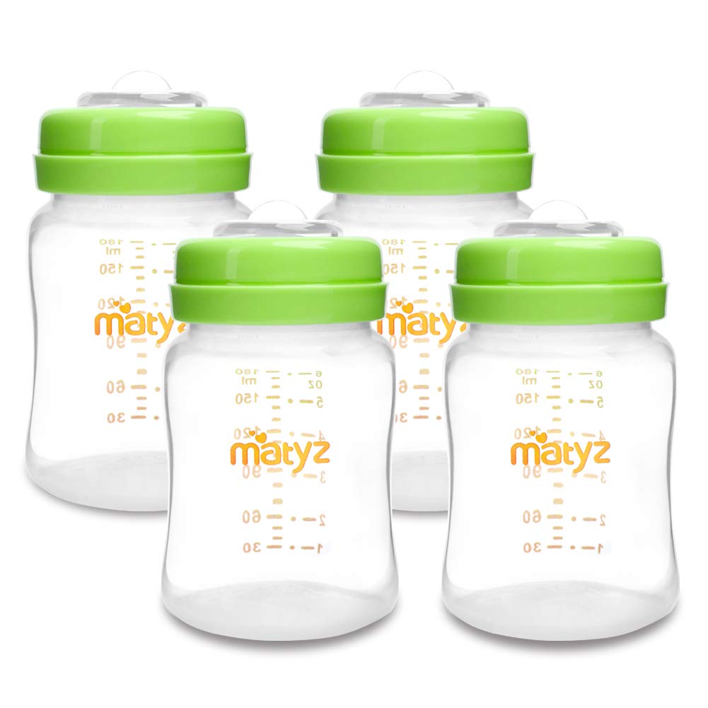 Matyz Paquete de 4 botellas de almacenamiento de leche materna con tapas (verde, 6 onzas cada una), botella de almacenamiento de recolección de