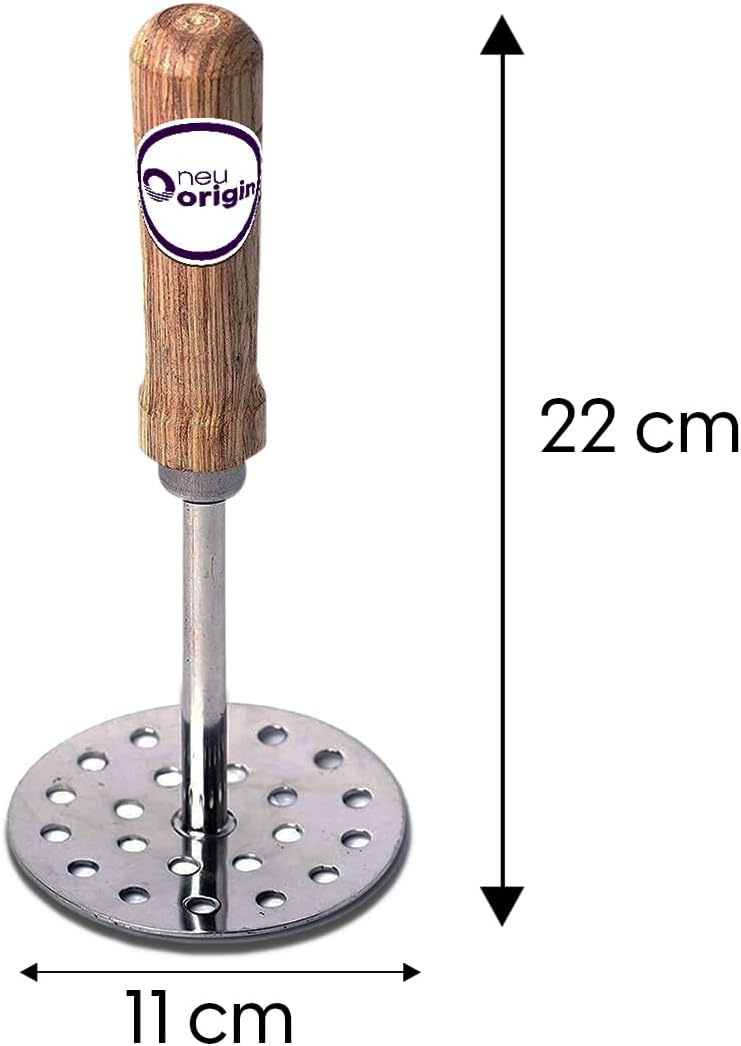 NeuOrigin – Triturador de acero inoxidable de 8.6 pulgadas con mango de madera, herramienta de cocina versátil para carne molida, papas, aguacate,