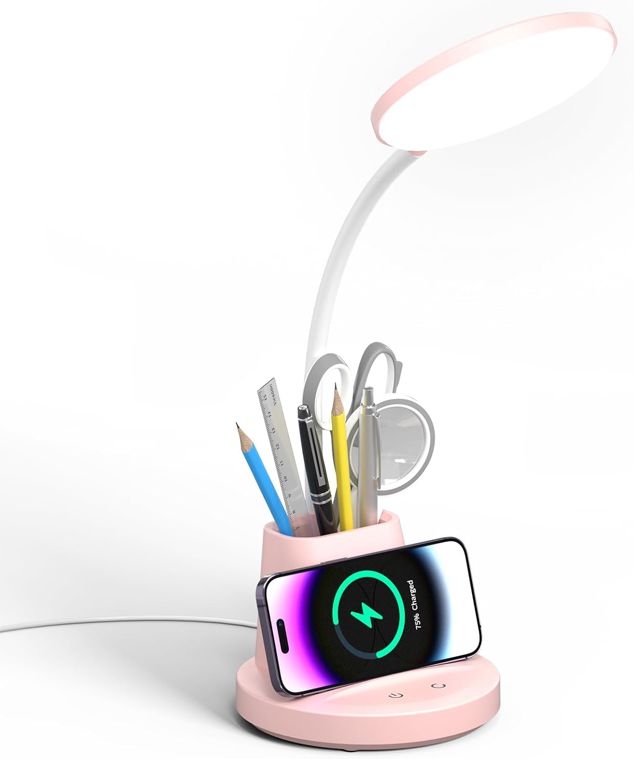 Lámpara LED de escritorio con cargador inalámbrico para oficina en casa, pequeña con soporte para bolígrafo, 800 lúmenes, 3 modos de color, cuello