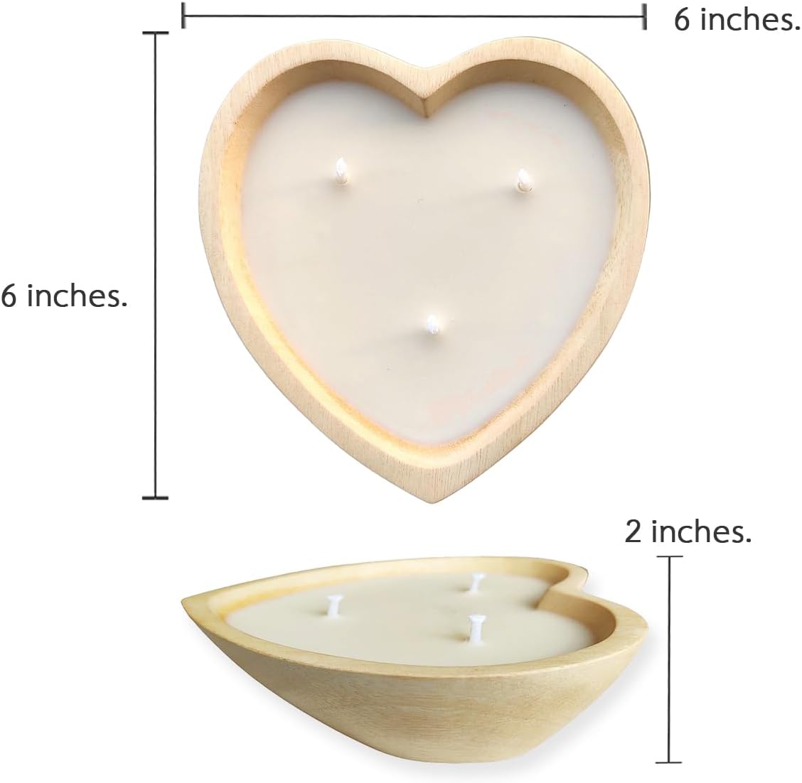 Vela de cuenco de madera en forma de corazón de 6 pulgadas con cera de soja, 3 mechas de 5 onzas, velas decorativas para aniversario, compromiso,