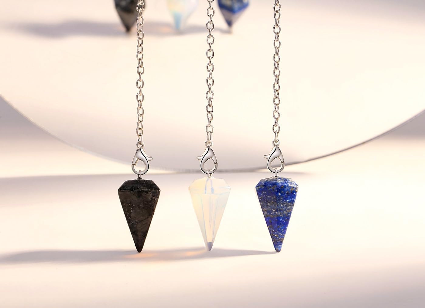 DUQGUHO Juego de 3 péndulos de cristal, accesorios Wiccan, herramientas de adivinación, ópalo natural, labradorita, lapislázuli, cristal curativo,