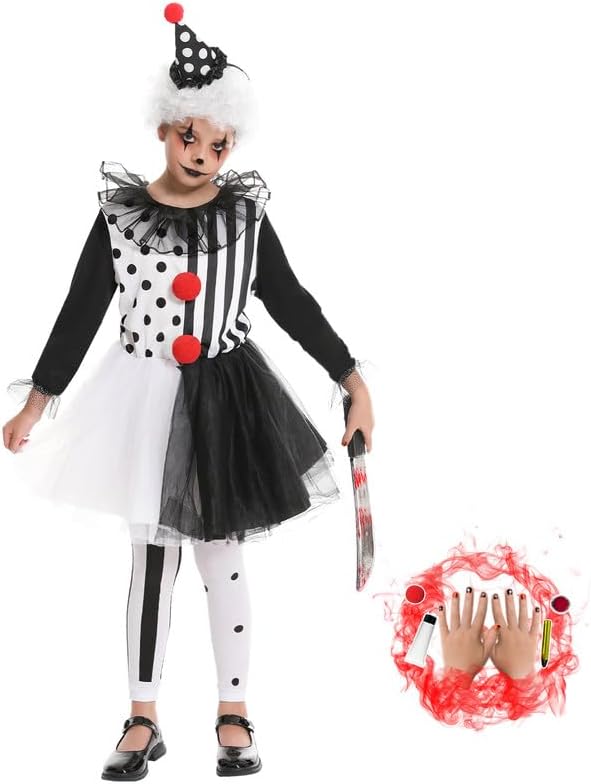 Fooecor Disfraz de payaso asesino para niñas, disfraz de payaso aterrador de Halloween, kit de maquillaje con cuchillo de payaso incluido (XL)