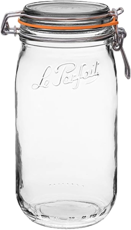Le Parfait Super Jars Tarros de vidrio para conservas estilo francés, de boca ancha, con cuerpo redondeado, tapas de vidrio y sellos de hule