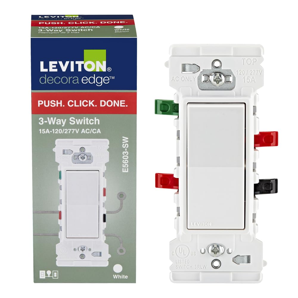 Leviton E5603-SW Decora Edge Interruptor basculante de 3 vías de 15 amperios, color blanco