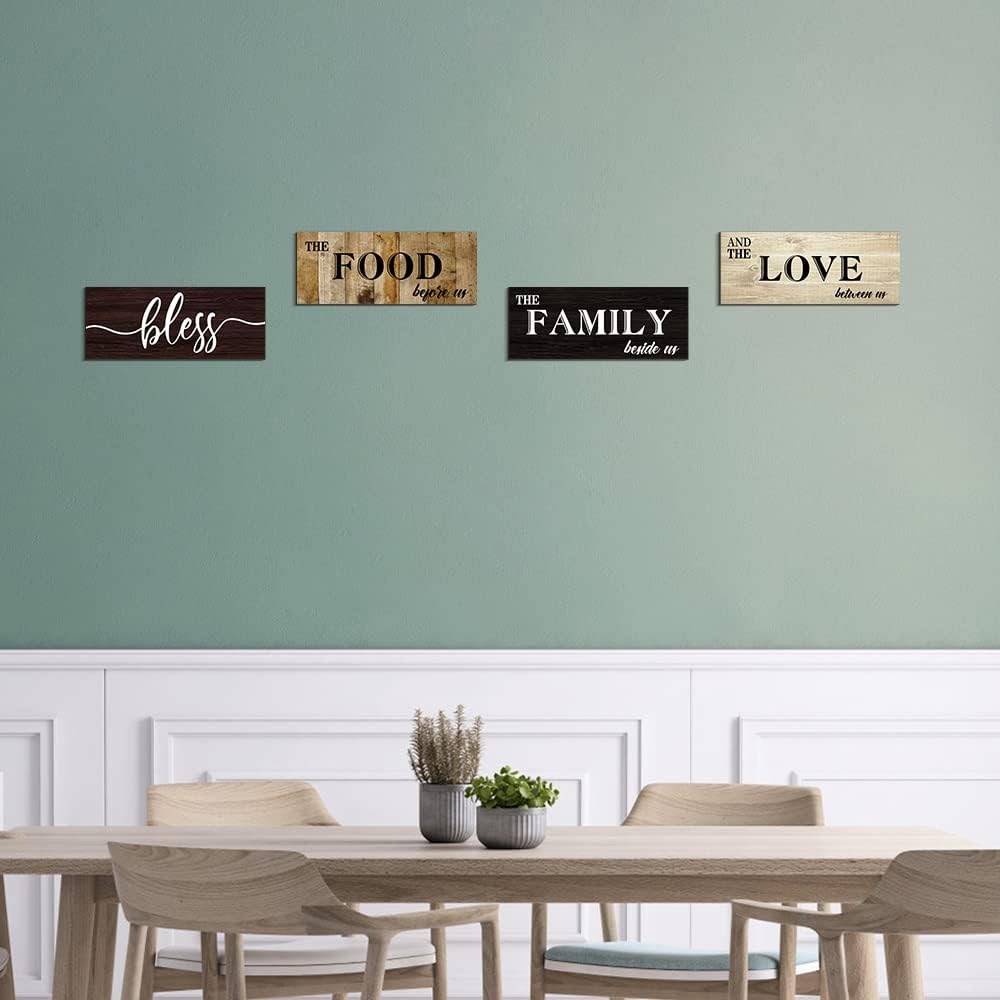 Creoate Letreros de cocina para decoración de pared, 4 piezas de madera con texto en inglés “Bless Food” para decoración de pared de cocina,