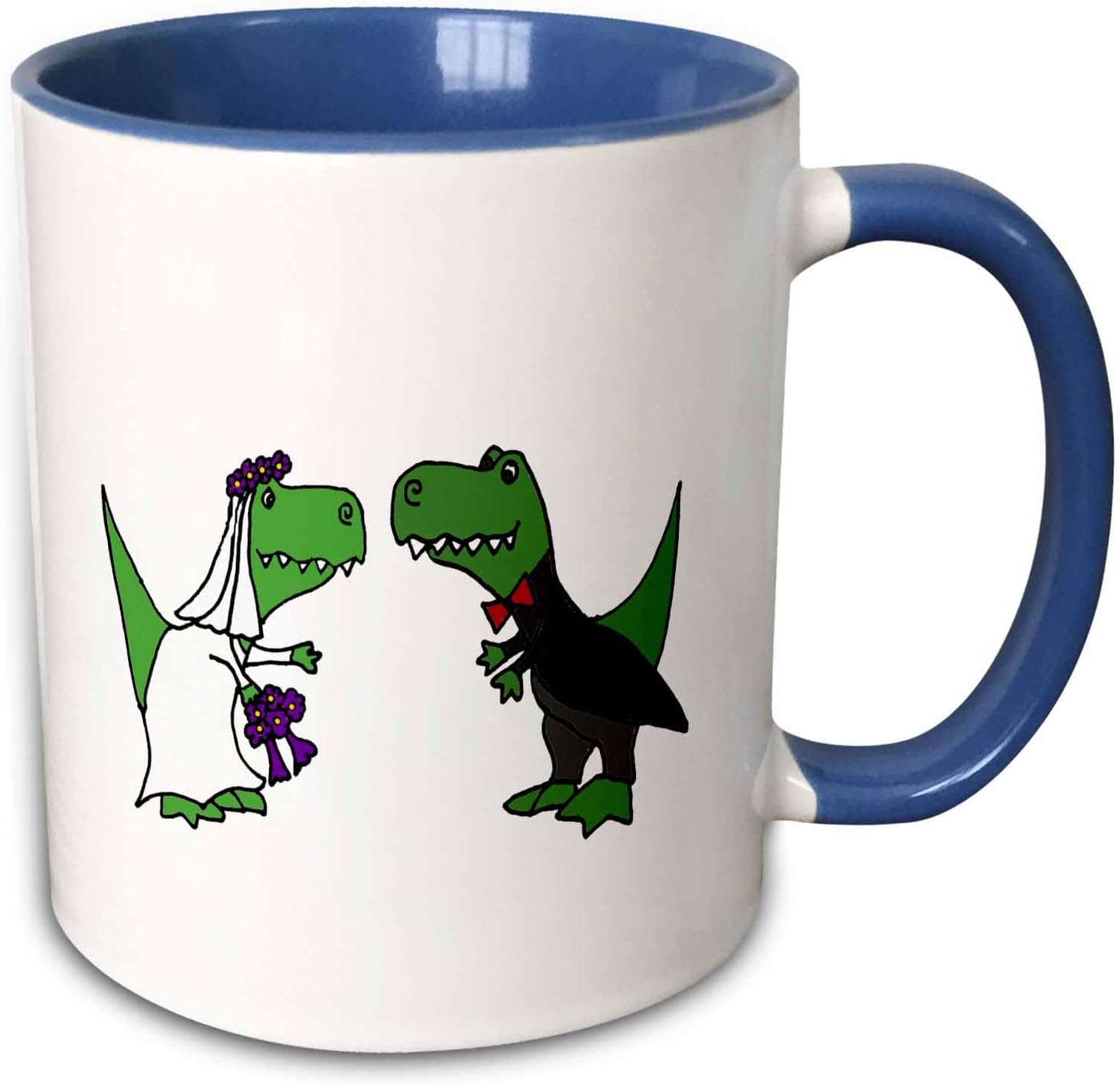 3dRose Funny Trex Dinosaurs Bride and Groom – Taza de arte de boda, 11 onzas, azulverde