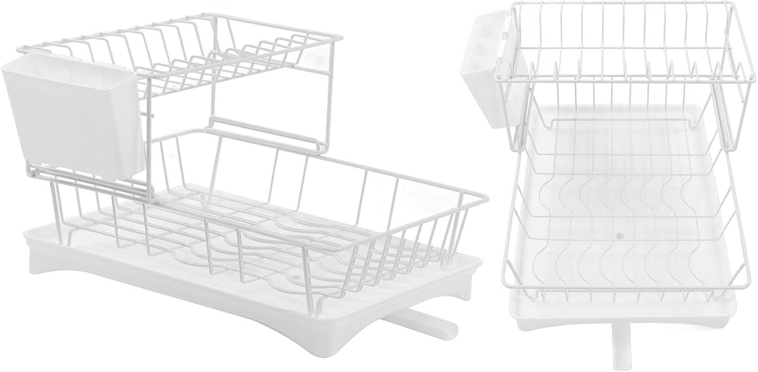 Escurridor de platos para encimera de cocina, 2 niveles con soporte para tazas, escurridor de platos con escurridor, soporte para utensilios de gran