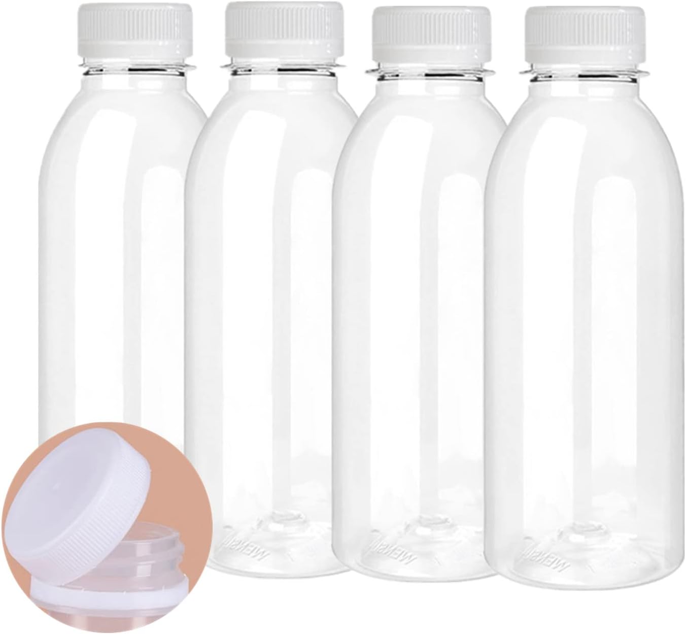 SHZMJL 4 botellas de jugo de plástico de 16 onzas con tapas, botellas de plástico desechables transparentes vacías a granel, botellas de jugo de