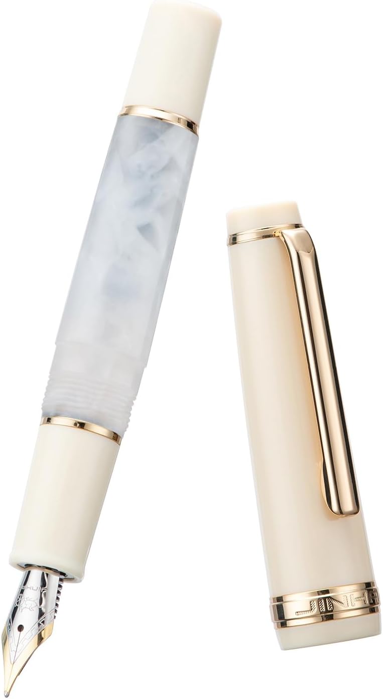 Jinhao 82 Mini pluma estilográfica acrílica, punta mediana iridio con convertidor de tinta, mini bolígrafo de viaje blanco nieve de bolsillo corto