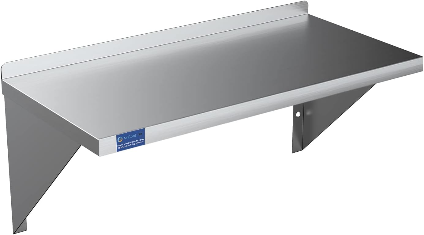AmGood Estante de pared de acero inoxidable  Borde cuadrado  Resistente  Estantería de metal  Montaje en pared  Grado comercial  Certificado NSF