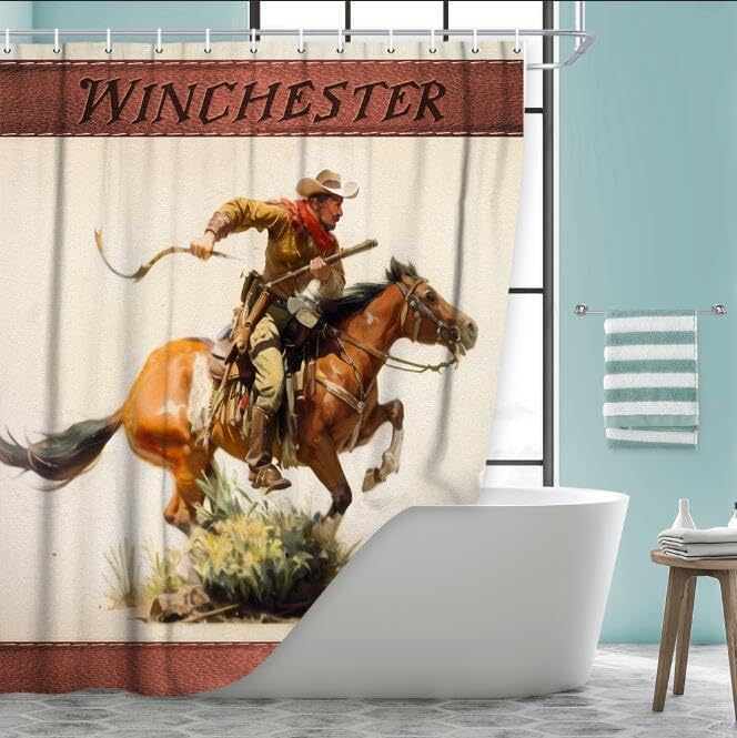 JAWO Juego de cortinas de ducha occidentales con diseño de vaquero con pistola a caballo, retro, vintage, decoración de baño con temática del
