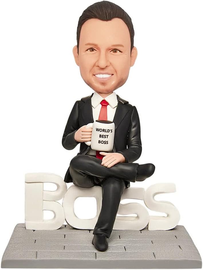 Figura de cabeza de bobble personalizada, empleador masculino en traje negro, cabeza de bobble personalizada, figuras de cabeza de bobble, escultura