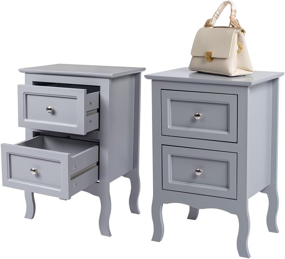 Juego de 2 mesitas de noche con cajones, mesita de noche gris, muebles decorativos de granja, mesas auxiliares de espacio pequeño con patas de