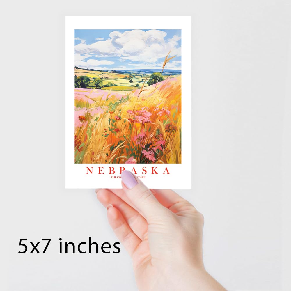 Nebraska Travel Print Cornhusker State Souvenir Yellow Orange Pink Wall Art Retro Poster Scenic Landscape Painting (8×10 inches)