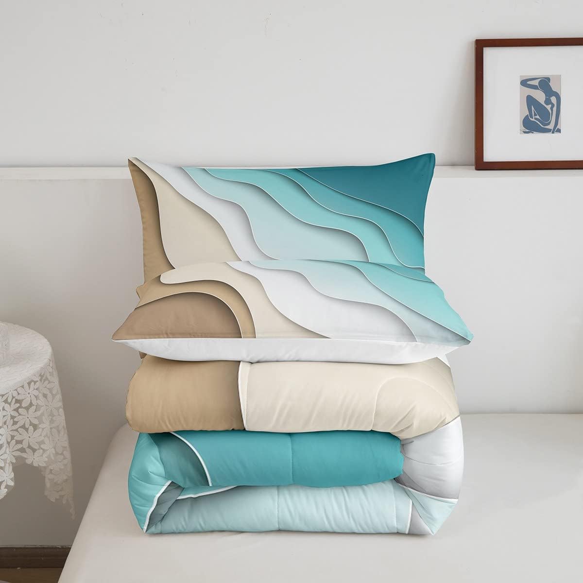 Juego de edredón abstracto degradado con olas del océano, decoración de mar azul y playa, juego de edredón tropical contemporáneo de verano para