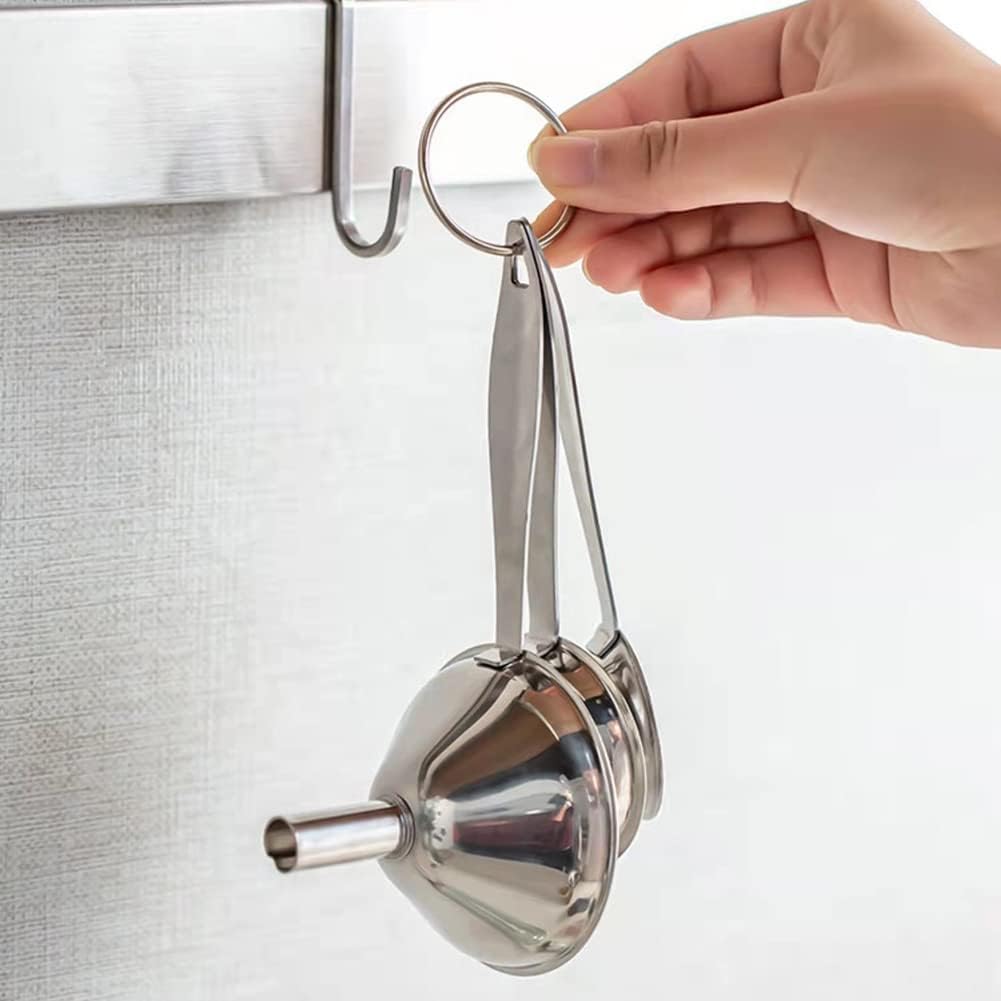 Juego de 3 mini embudos de acero inoxidable, embudos de metal para cocina, embudos sin derrames, con mango largo para transferir líquidos de aceite