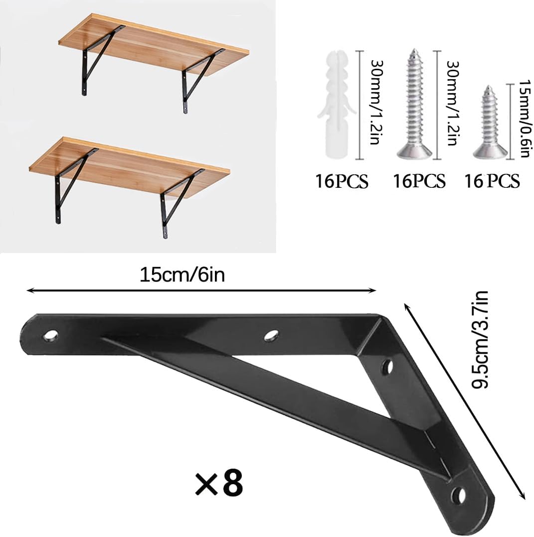 8 soportes de estante resistentes triangulares, soportes de estantería de ángulo recto montados en la pared, color negro, 6 pulgadas (8)