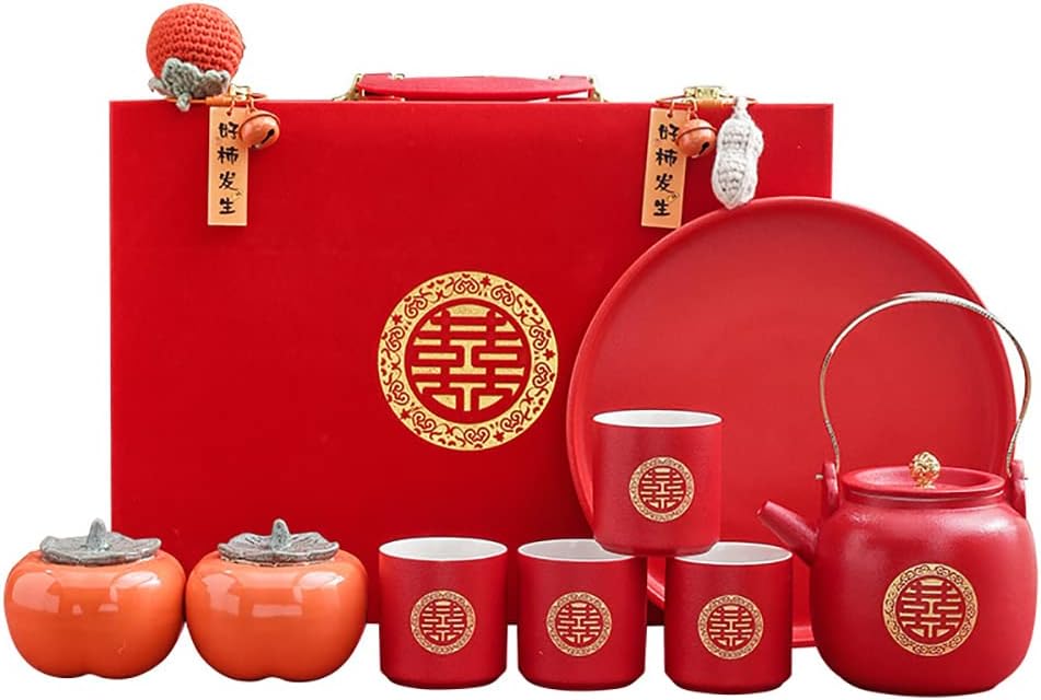 Juego de té de boda rojo de porcelana de doble felicidad, juego de té de boda de diseño de caqui, suministros de decoración de boda tradicionales