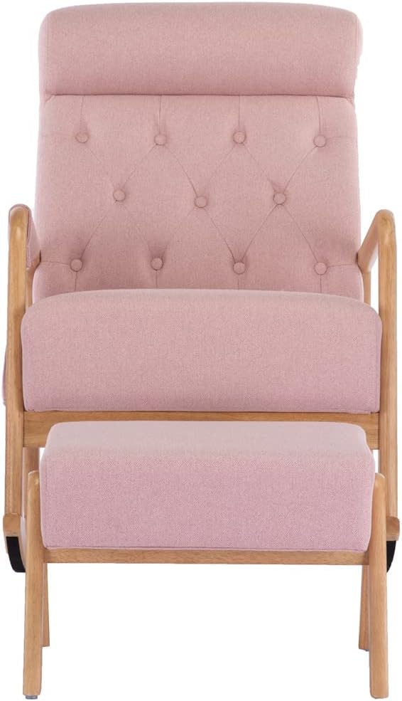 Mecedora con otomana, moderna tapizada de tela con base de madera maciza y bolsillo lateral, cómoda silla individual de respaldo alto con cojín