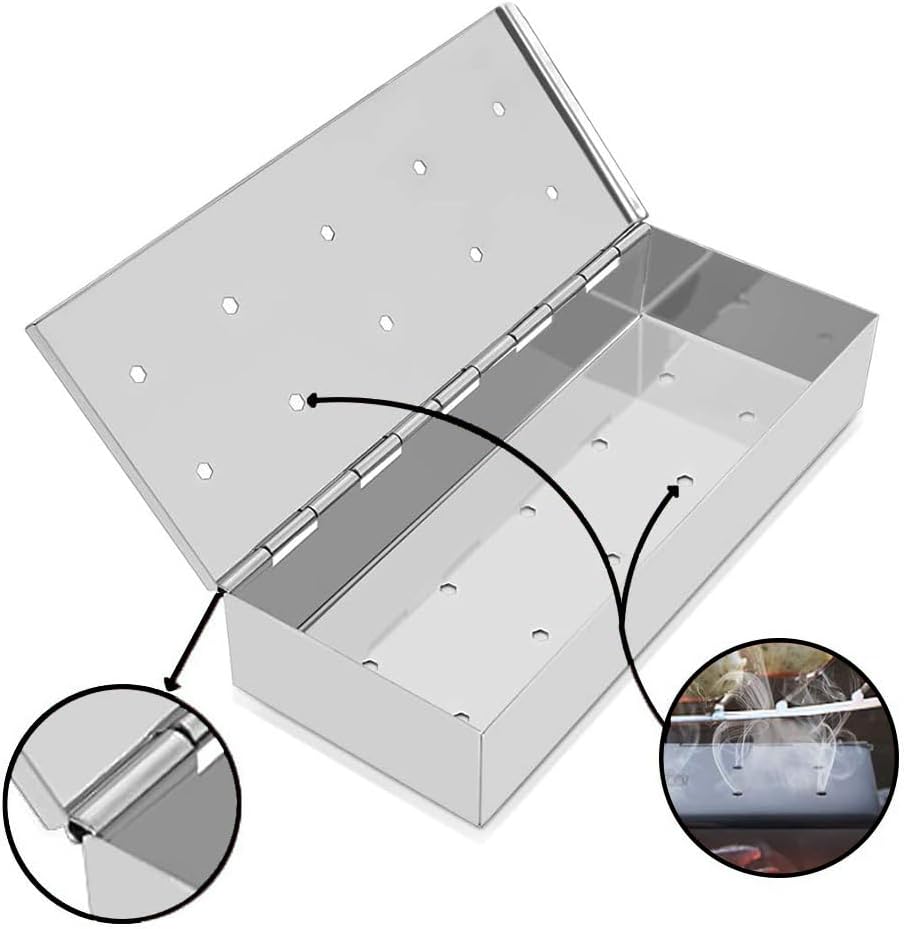 Caja ahumadora de 9 pulgadas para parrilla de gas o carbón, caja de virutas de madera de acero inoxidable con tapa con bisagras, añade un delicioso