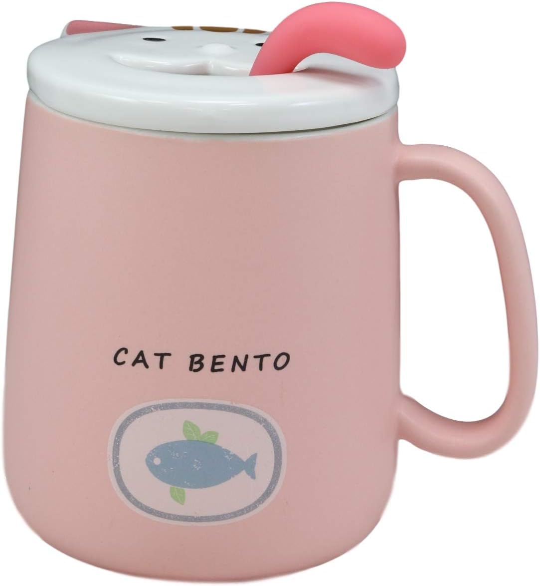 Ebros – Taza de café de porcelana con mango en forma de lengua, cuchara y tapa de cara sonriente, taza de café o té de porcelana, 14 onzas, para