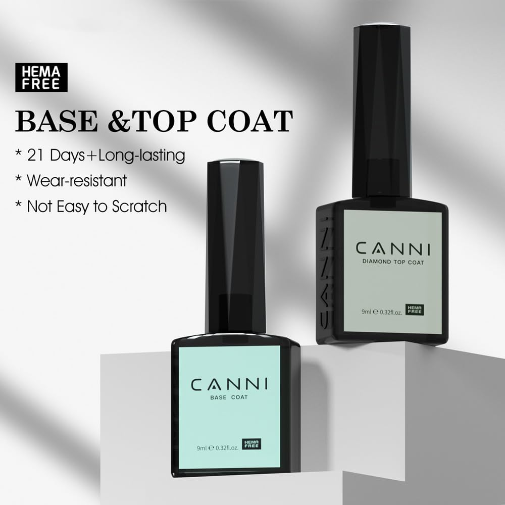 CANNI Juego de 2 esmaltes de uñas de gel sin hema, capa superior de gel sin hema, no se limpia, capa superior brillante y de larga duración, juego
