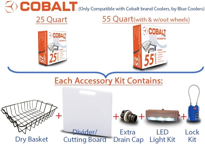 Cobalt – Kit de accesorios únicos para enfriadores de 2555 cuartos de galón (incluye divisortabla de cortar, canasta, cerradura, luz y enchufe)