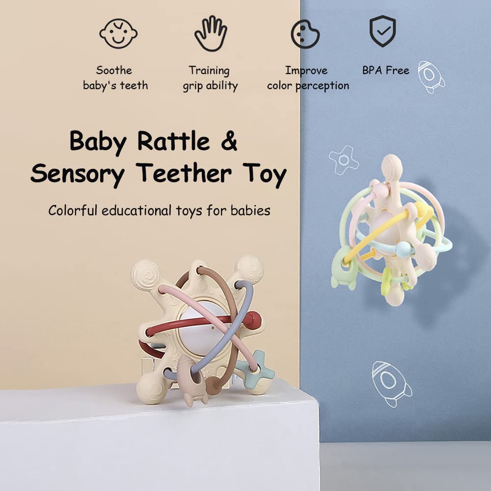Juguete de dentición de silicona para bebés, bola mordedora sensorial con sonajero para niños de 3-6 a 12 meses, bebés, niños, niñas, suave, sin BPA
