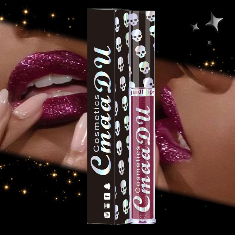 AKARY Lápiz labial líquido brillante de larga duración, diseño de calavera de diamante metálico con purpurina brillante, acabado brillante, brillo