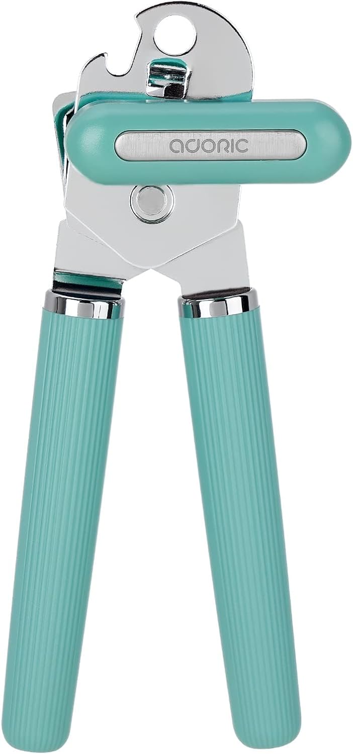 Abrelatas manual, abrelatas de acero inoxidable, apto para alimentos, tapas de lata multifunción con mango antideslizante y perilla grande, borde