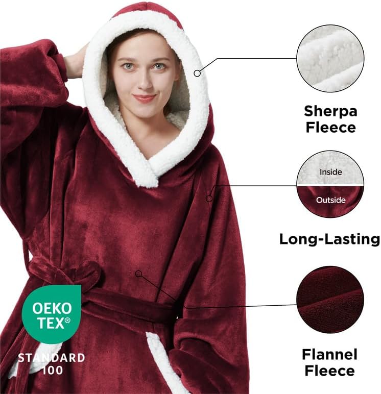 Bedsure Sudadera de manta de largo recorrido – Sudadera de manta con capucha, pequeño con división lateral y cinturón, cálida chaqueta de manta de