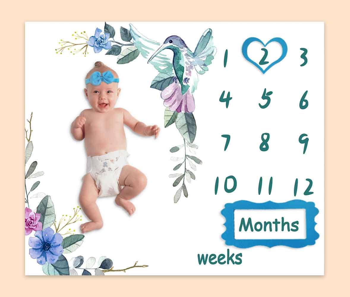BTXTPH504 – Manta mensual de hitos para bebé, tabla de crecimiento personalizada de pájaro floral azul, fotos de bebé, 48 x 40 pulgadas, fondo de